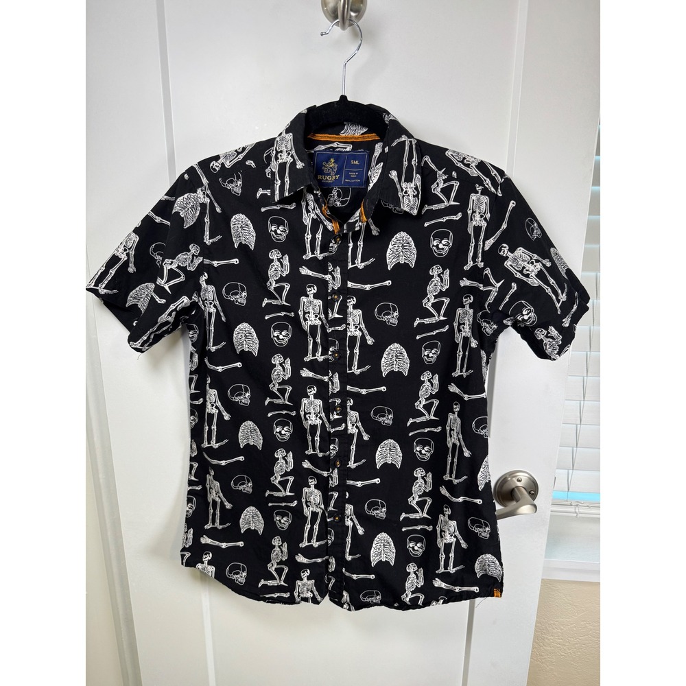 Rugby University Mens Small Black Skeleton Print Short Sleeve Button Down Shirt